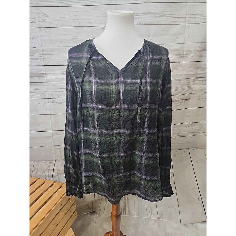 Bella Dahl Plaid Blouse Women's Large Plaid Sheer Black Green Purple Smock Cuff